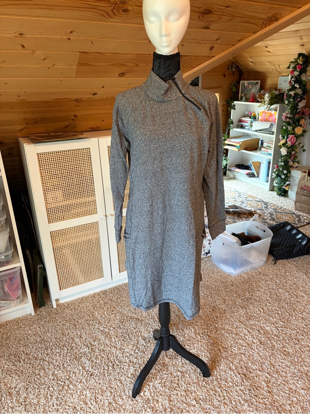 Talbots Gray Long-Sleeve Knit Dress with Asymmetric Zip Collar